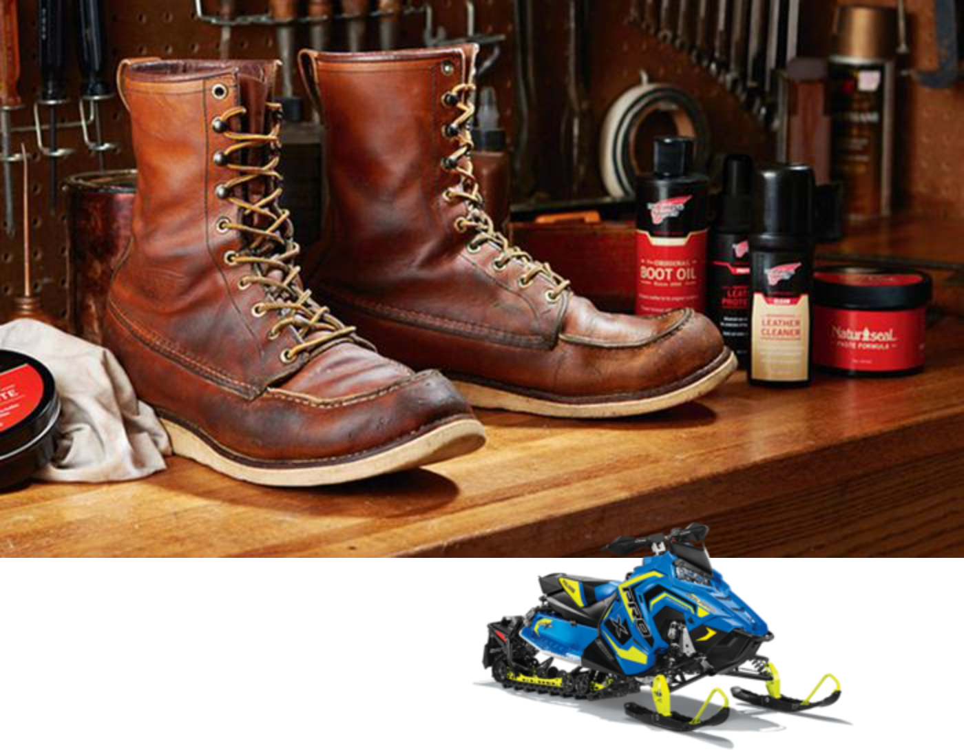 composite image: Photography, creative and production for Red Wing Shoes; Creative imagery for Polaris